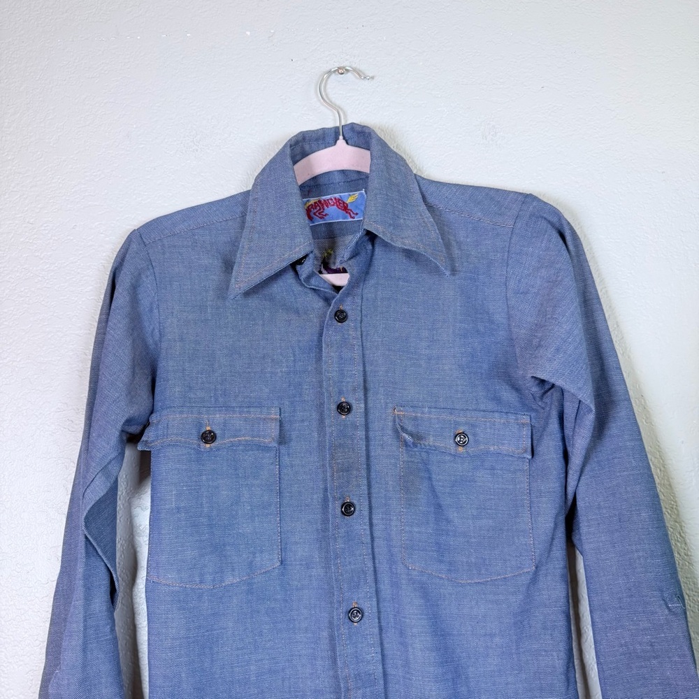 Wrangler Dragon Embroidered Western Denim Blue Red Button Down Collared Shirt 14 - Picture 3 of 10